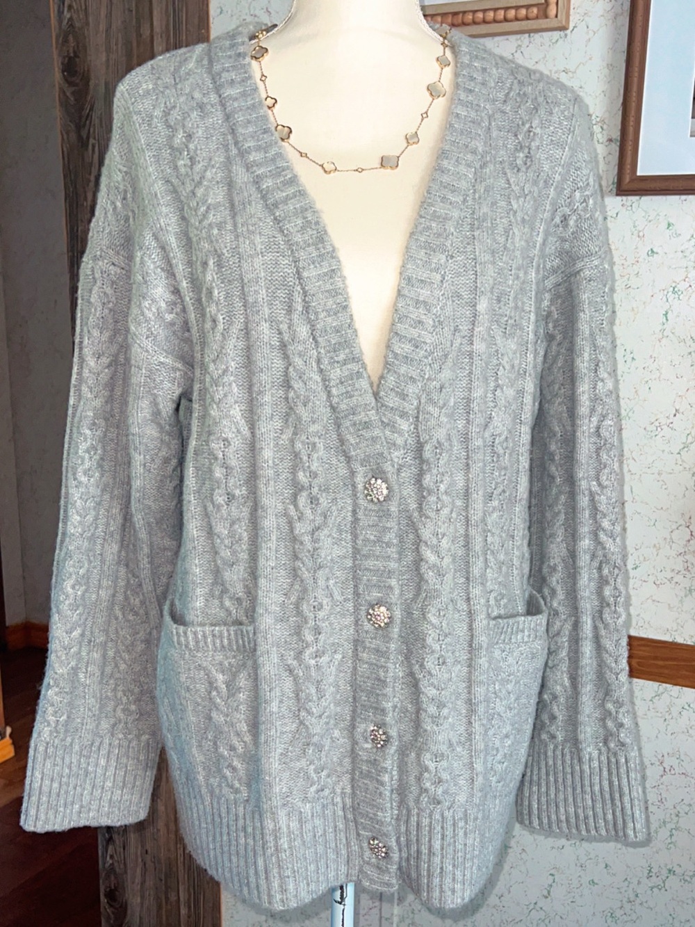 A New Day Gray Cable Knit Jewel Button Cardigan NWT Size M